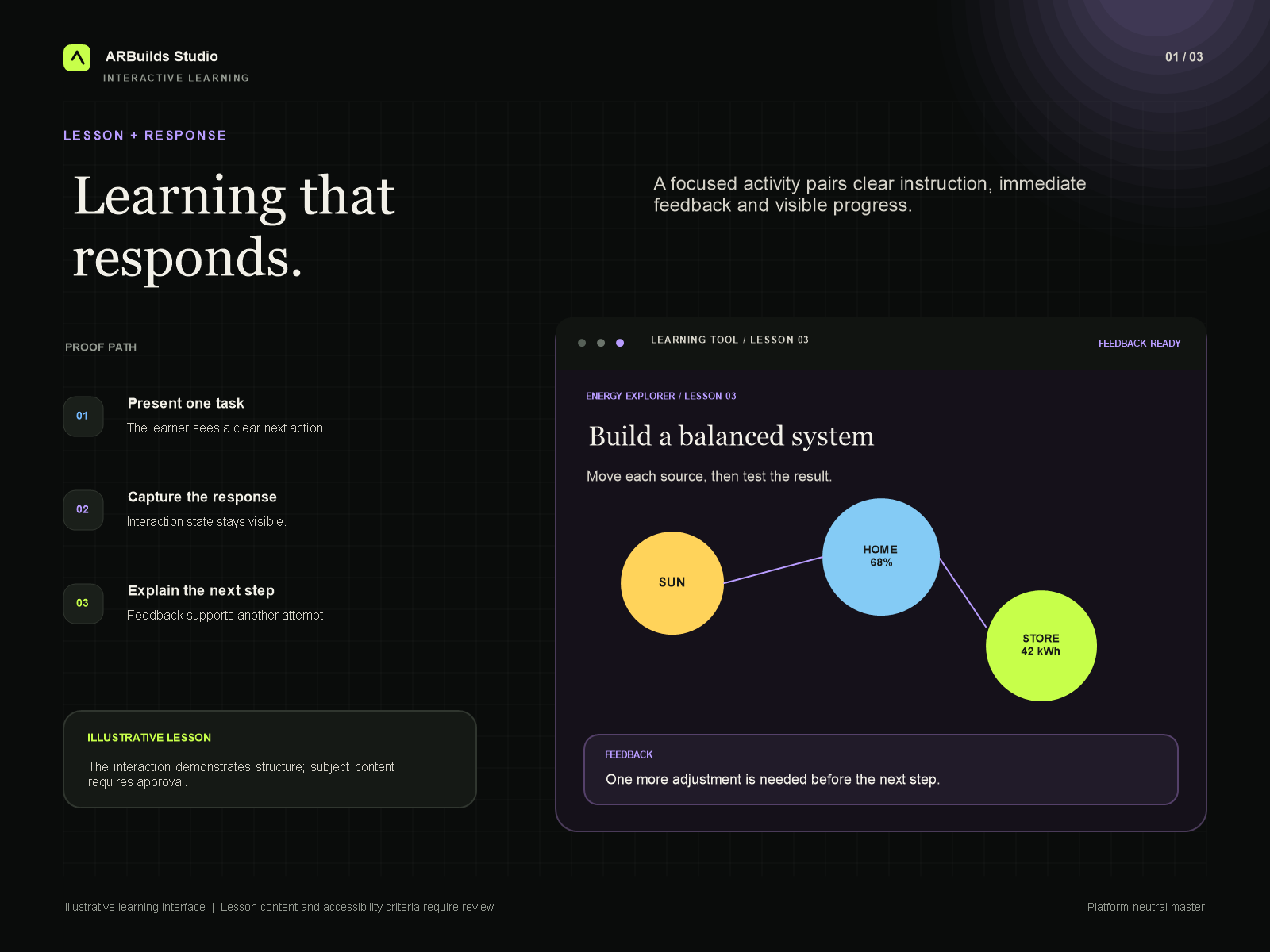 Learning tool project overview, primary interface, and proof path.